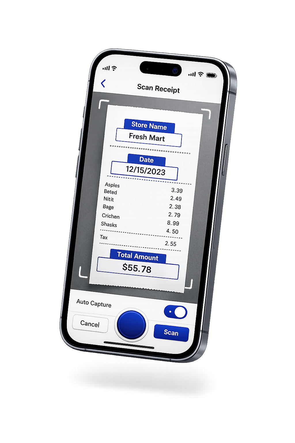 Berkira app capturing a receipt with extracted merchant, date, and amount fields