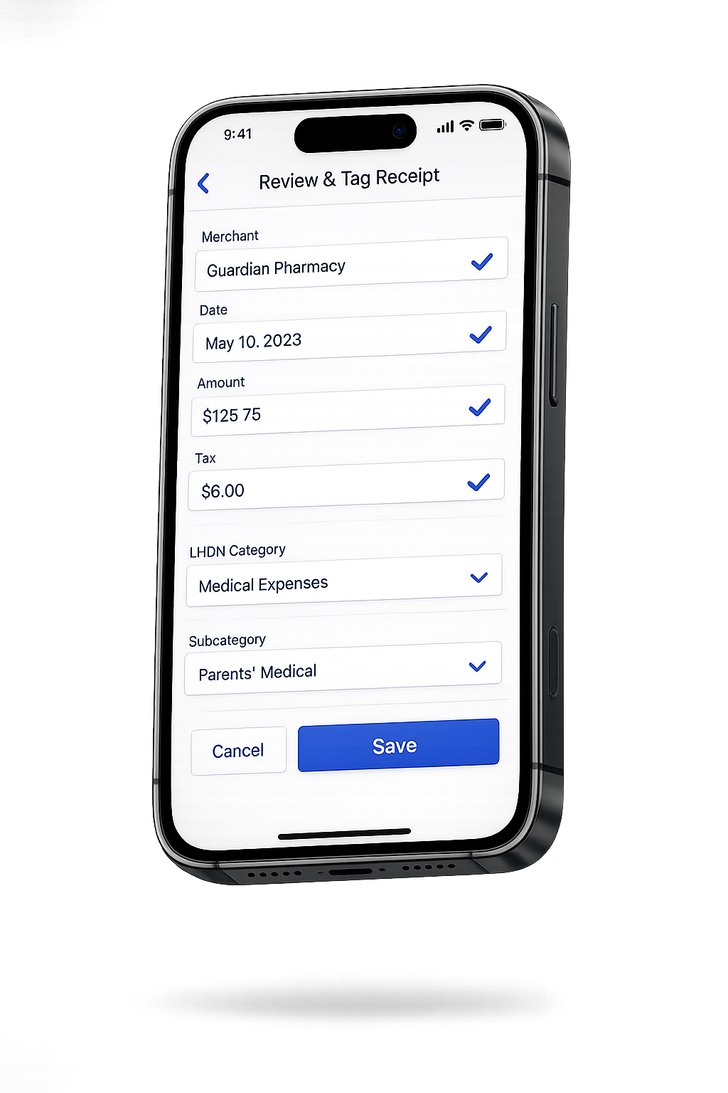 Berkira review screen confirming extracted receipt details before save