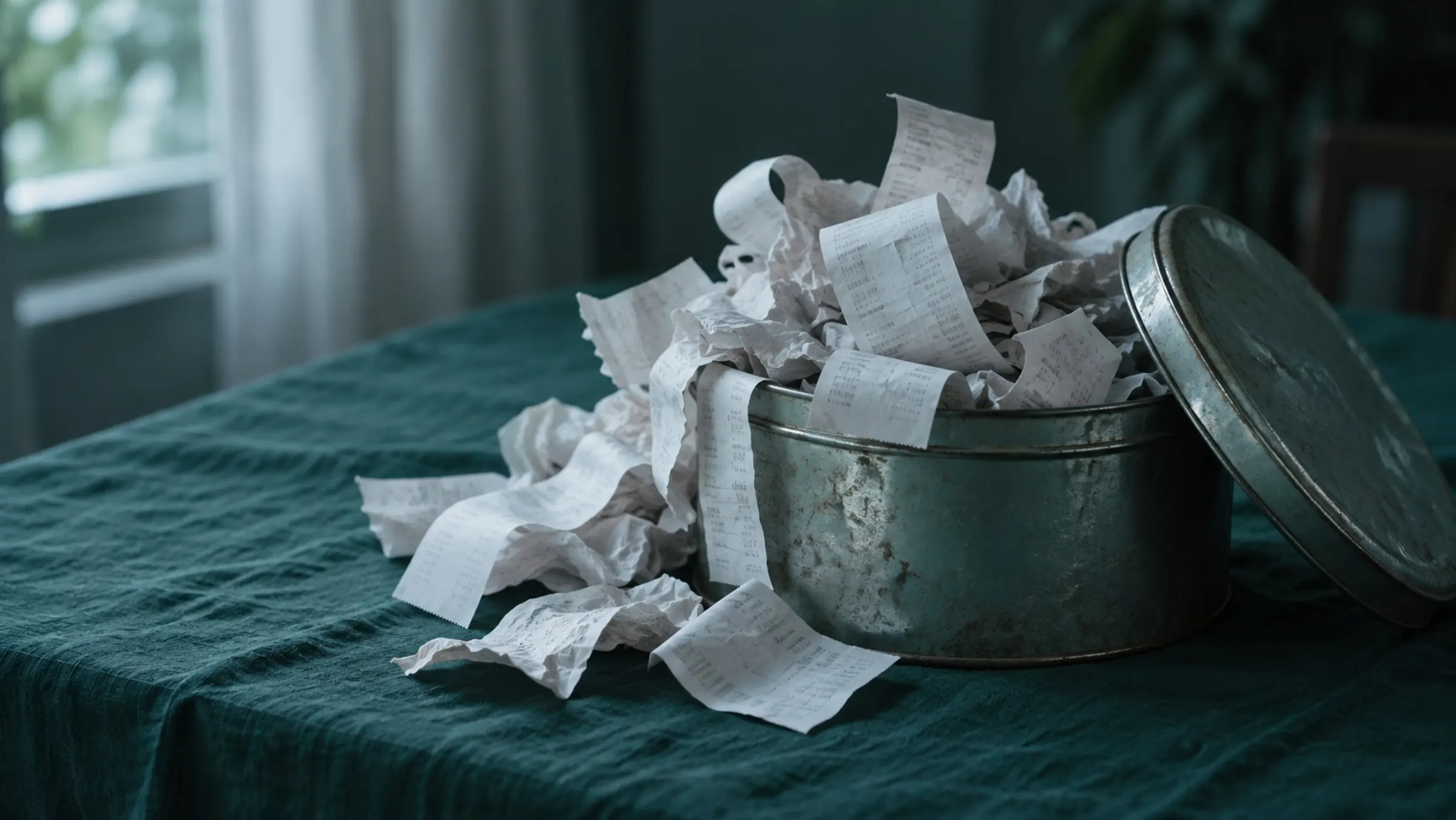 An old biscuit tin overflowing with curled, faded thermal receipts