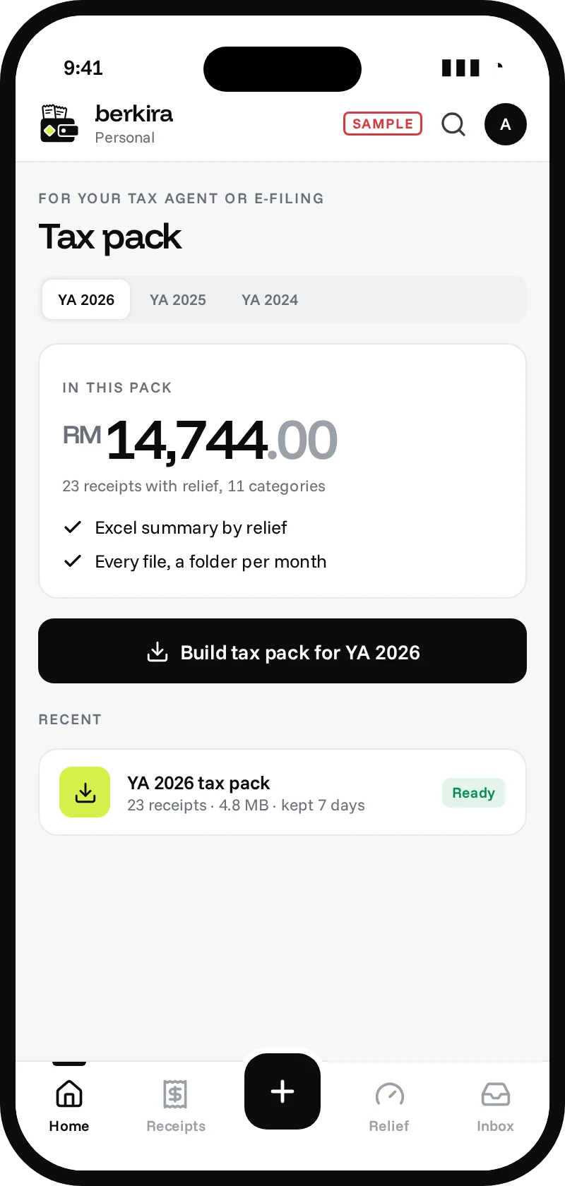 Sample Berkira Tax pack screen ready to build the YA 2026 pack