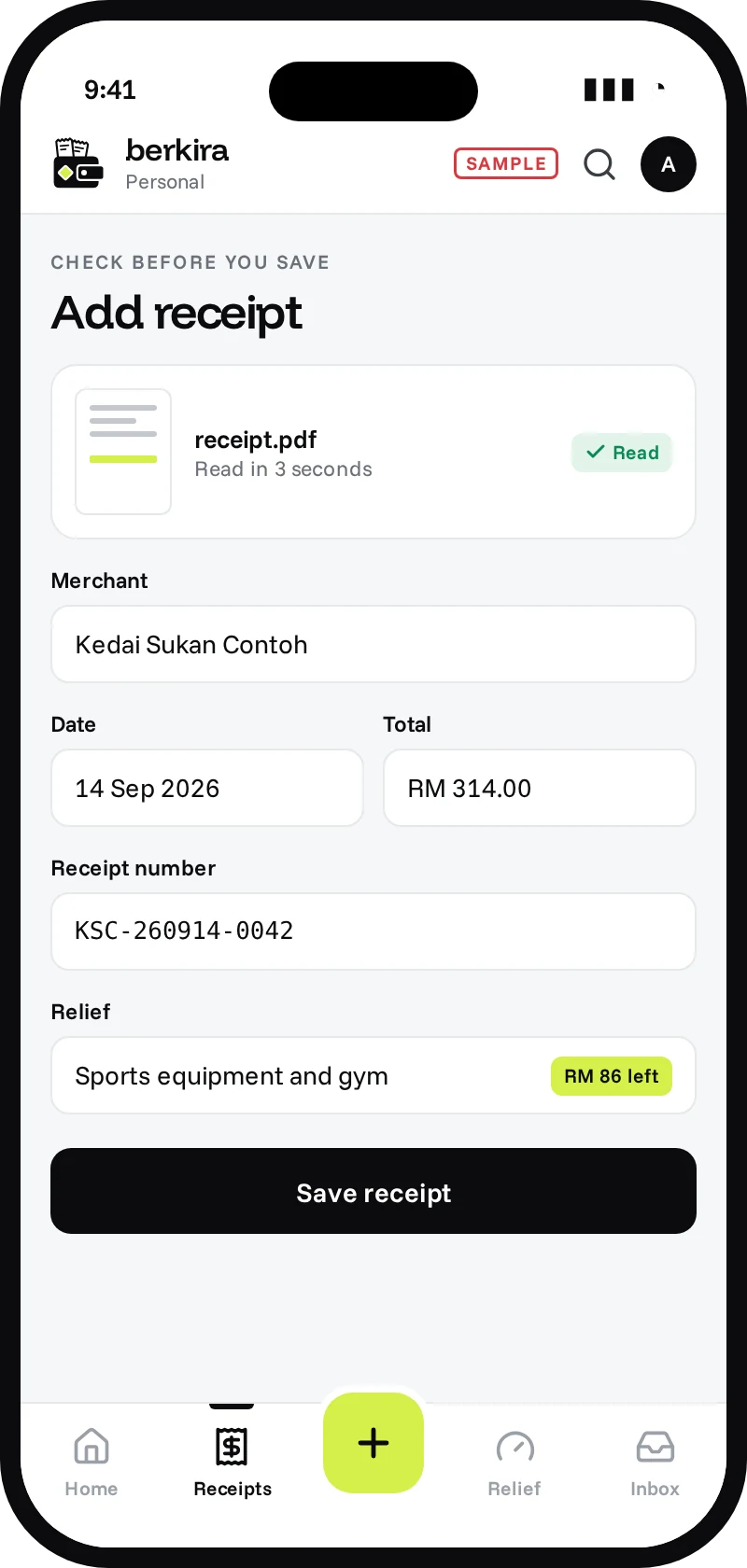 Sample Berkira Add receipt screen with the fields read off the receipt and the relief it counts toward