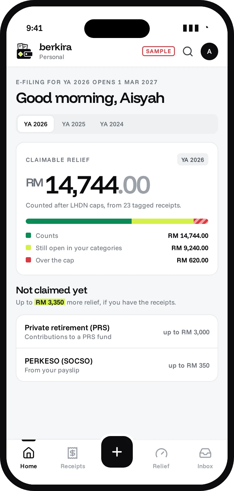 Sample Berkira Home screen: claimable relief after caps, what is still open, and reliefs not claimed yet