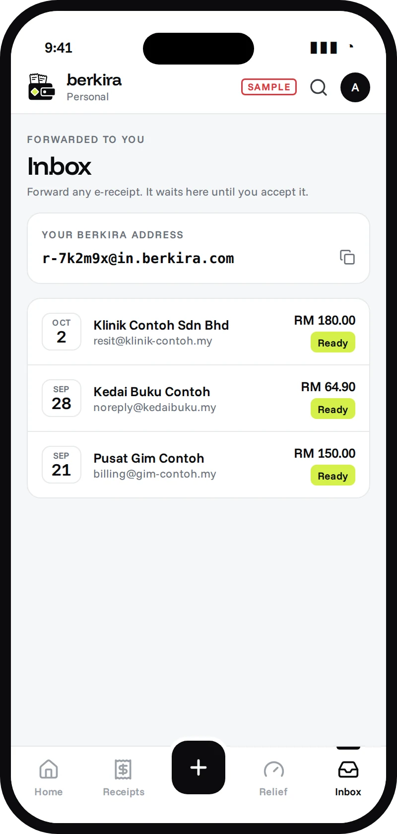 Sample Berkira Inbox with the private forwarding address and three forwarded receipts ready to accept
