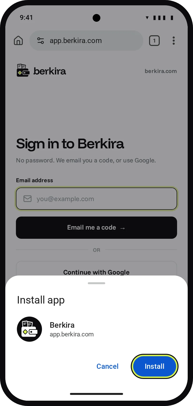Illustration: Chrome install sheet for Berkira, app.berkira.com, with the Install button marked