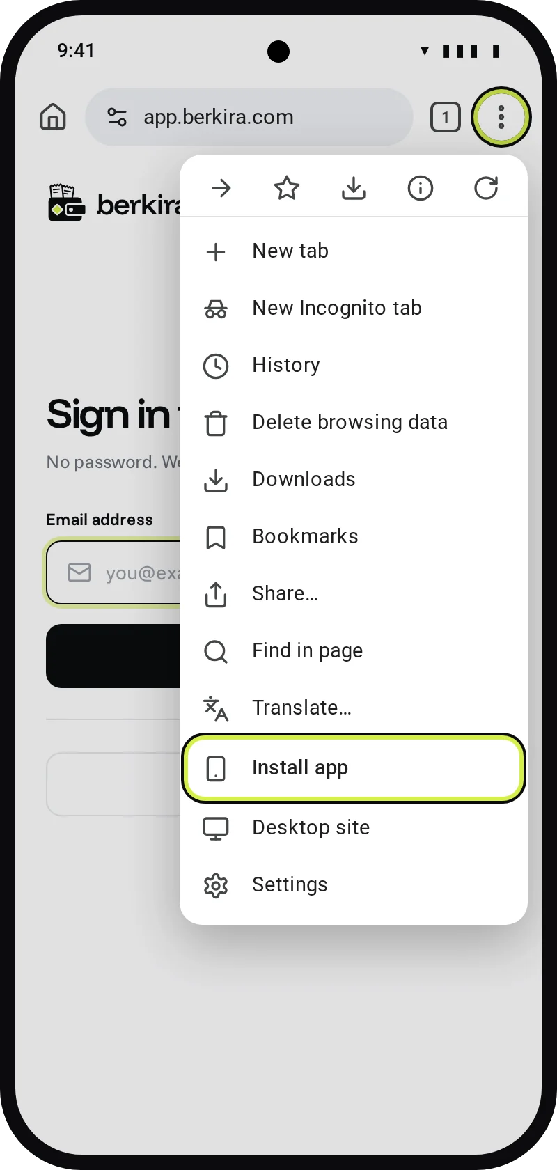 Illustration: Chrome menu open on app.berkira.com, with Install app marked